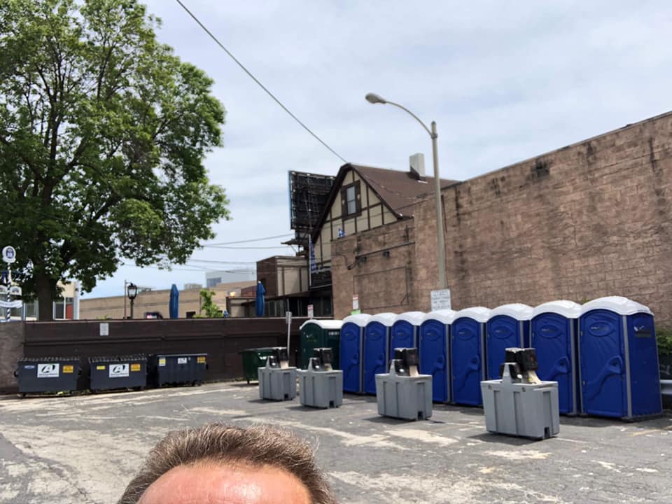 A forehead selfie in front of our Weekender and Special Needs Portable Restrooms and 2-Sided Hand Wash Stations. #ForeheadSelfie