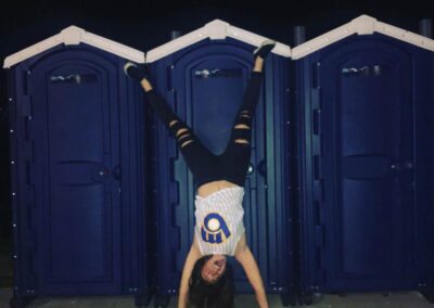 An awesome handstand selfie in front of our Basic Portable Restroom. #Where'sArnold